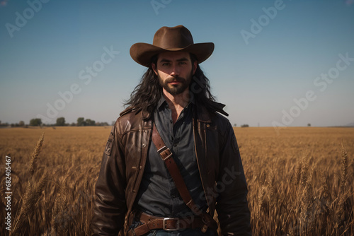 portrtain of A middle age man in leather jacket and cowboy hat standing in middle of wheat field, American Farmer