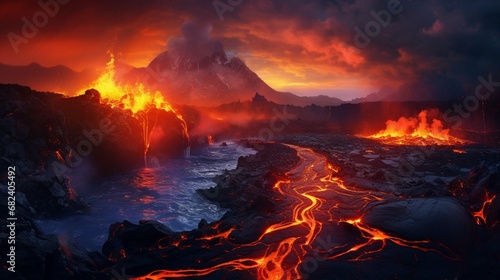 an AI masterpiece of a volcanic valley at sunrise  with the fiery hues of the sky mirroring the molten lava below