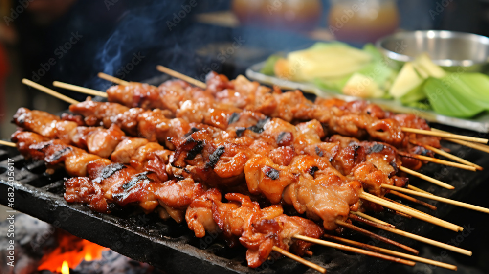 Street food snacks, one of more popular food in Vietnam nowadays, especially with the young generation. They include meats, seafood and vegetables, combined in one stick and grilled on stove. Street food snacks, one of more popular food in Vietnam nowadays, especially with the young generation. They include meats, seafood and vegetables, combined in one stick and grilled on stove.