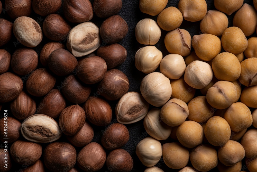 Macadamia nuts in shell background. Brown tropical antioxidant protein raw nuts. Generate ai Macadamia nuts in shell background. Brown tropical antioxidant protein raw nuts. Generate ai