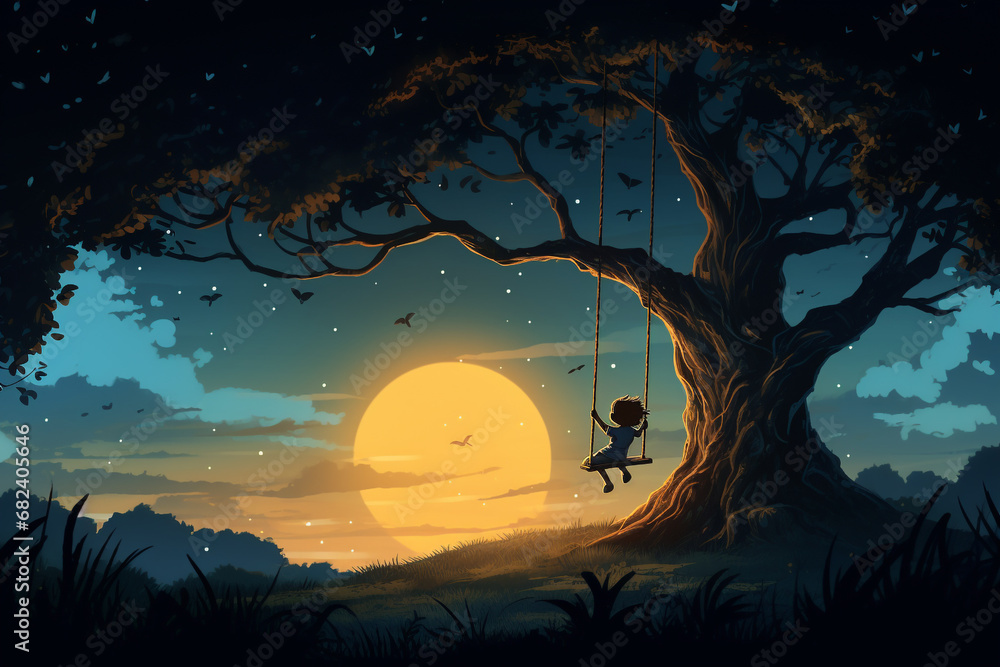 illustration of a child swinging on a swing against a sunset background. Created with Generative AI	