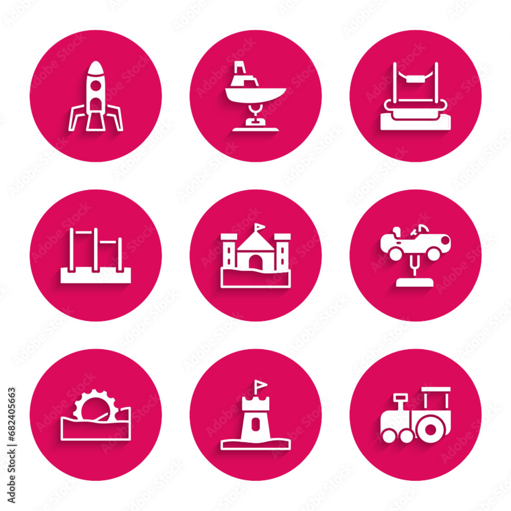 Set Sand castle, tower, Toy train, Swing car, Ferris wheel, Horizontal bar, Bungee and Rocket ship icon. Vector