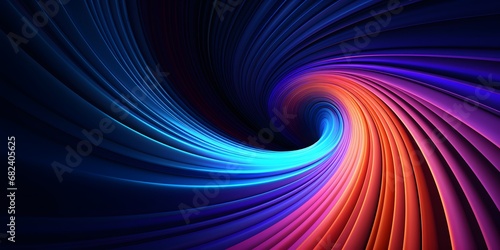 Abstract colorful circular lines on dark blue background copy negative space radial moving flow glow optical art 3d illustration