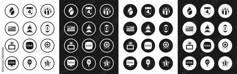 Set Medal with star, White House, American flag, Native Indian, Football ball, Calendar date July 4, and Vote box icon. Vector