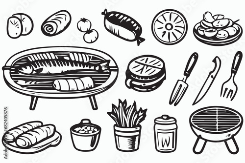 Barbecue grill hand-drawn outline doodle Set. BBQ Vector Illustration Barbecue party Sketch