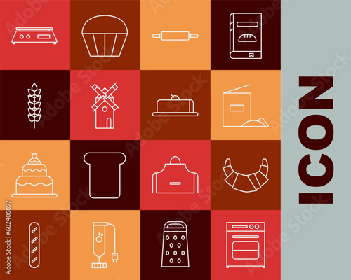 Set line Oven, Croissant, Flour pack, Rolling pin, Windmill, Cereals with rice, wheat, corn, oats, rye, Electronic scales and Strawberry cheesecake slice icon. Vector