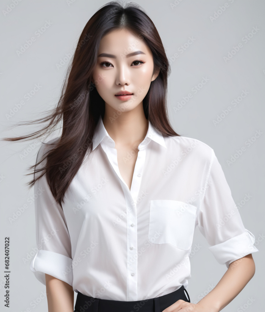 beautiful young Japanese woman with long hairstyle soft careless curls in a white shirt on a light background beautiful young Japanese woman with long hairstyle soft careless curls in a white shirt on a light background