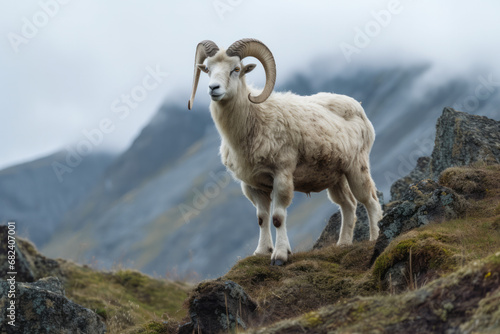 A large old dall sheep ram standing on a rocky ridge