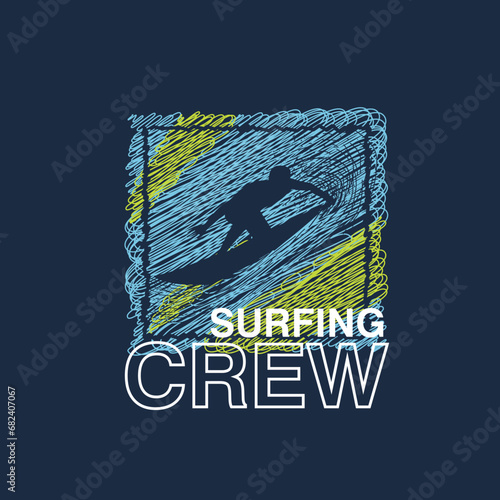 Surfing crew typography waves scribble texture summer beach surfer tee graphic