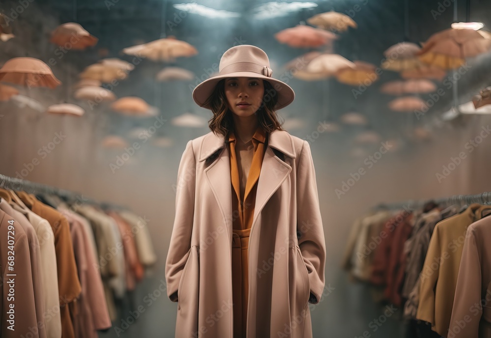 Fashion women wearing hat and coat, diffused colors adding to the surreal atmosphere Fashion women wearing hat and coat, diffused colors adding to the surreal atmosphere