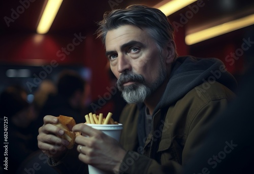 Mature bearded man eating fries. Adult male eats fast food snack menu. Generate ai
