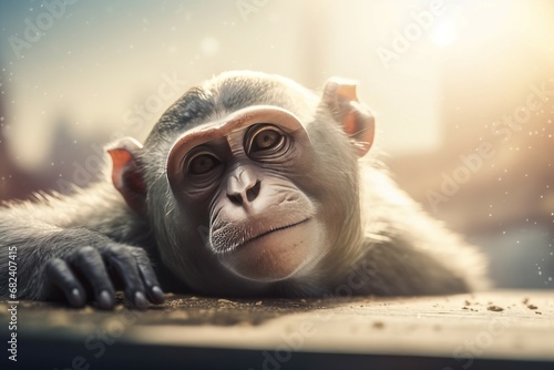 Monkey lying with head on surface. Cute adorable jungle ape resting posture. Generate ai