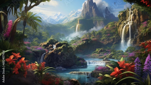 an AI scene of a tropical valley with a vibrant waterfall surrounded by colorful bromeliads