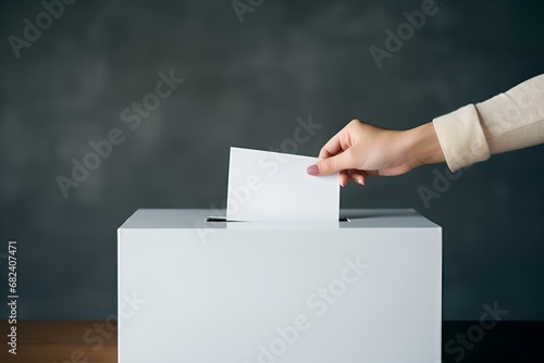 Woman person put paper vote into white mock up ballot box. Voting concept.