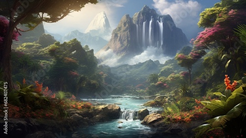 an AI scene of a tropical valley with a vibrant waterfall surrounded by colorful bromeliads © Wajid