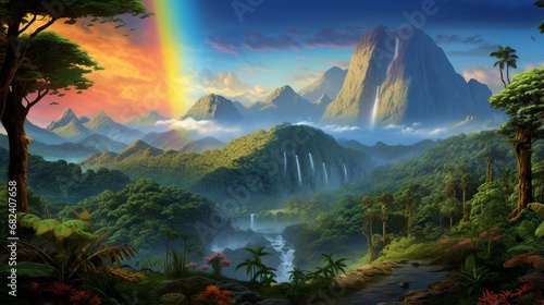 an AI scene of a tropical valley during a vivid double rainbow