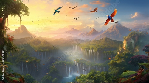 an AI scene of a tropical valley with vibrant parrots filling the air with their lively chatter photo