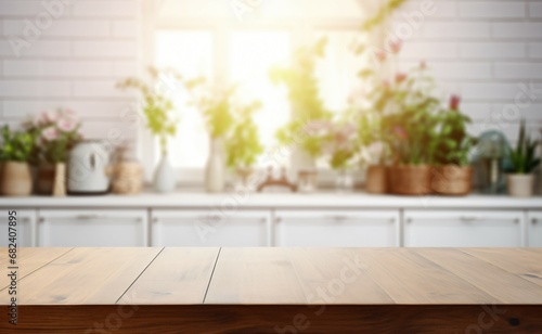 blank Wooden counter table in front of blurry white kitchen  background product mockup