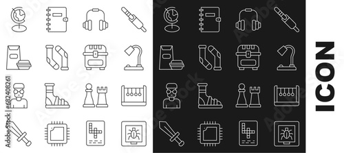 Set line Insects in a frame, Pendulum, Table lamp, Headphones, Socks, Burger, Earth globe and Antique treasure chest icon. Vector