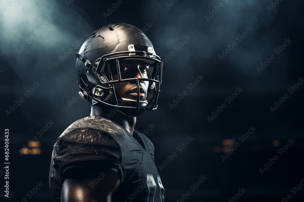 American football player of African descent in dark uniform and helmet on a dark background