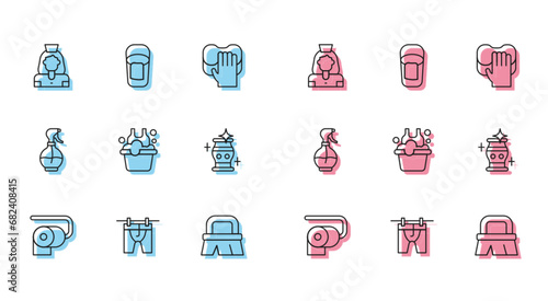 Set line Toilet paper roll, Drying clothes, Cleaning lady service, Brush for cleaning, Basin with soap suds, vase, Water spray bottle and Bucket rag icon. Vector