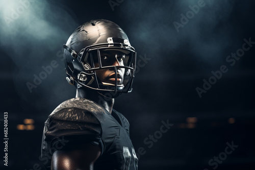 American football player of African descent in dark uniform and helmet on a dark background