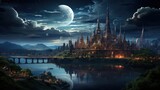 Fantasy landscape with temple and river at night