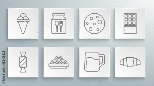 Set line Candy, Online ordering delivery, Asian noodles bowl, Wooden beer mug, Croissant, Cookie biscuit, Chocolate bar and Ice cream waffle cone icon. Vector photo