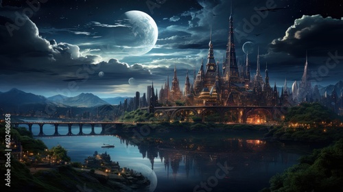 Fantasy landscape with temple and river at night