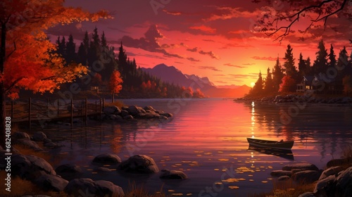 an AI visual of a picturesque lakeside scene at sunset, with the fiery sky casting a warm glow on the peaceful water © Wajid