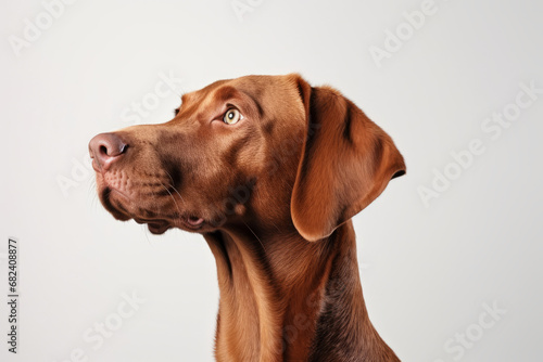 A curious liver-colored vizsla gazes up with hopeful snout, embodying the pure bond between human and animal as a loyal pet and beloved mammal © Giulio Palumbo S.