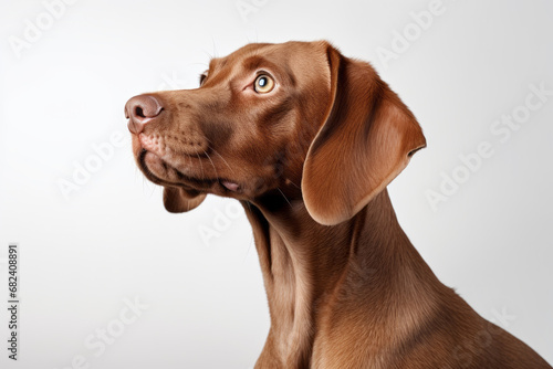 A majestic vizsla with a liver-colored coat gazes up with devoted eyes  embodying the loyalty and companionship of a beloved pet