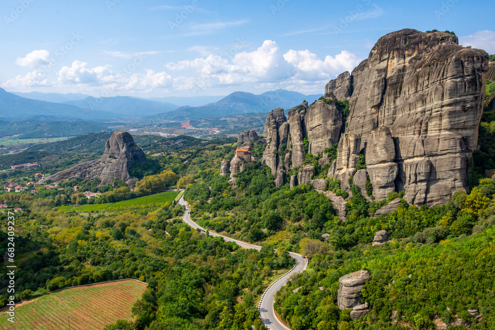 morning view  of the rock formation complex of Meteora in Kalambaka, Meteora, Thessaly, Greece, Europe. 