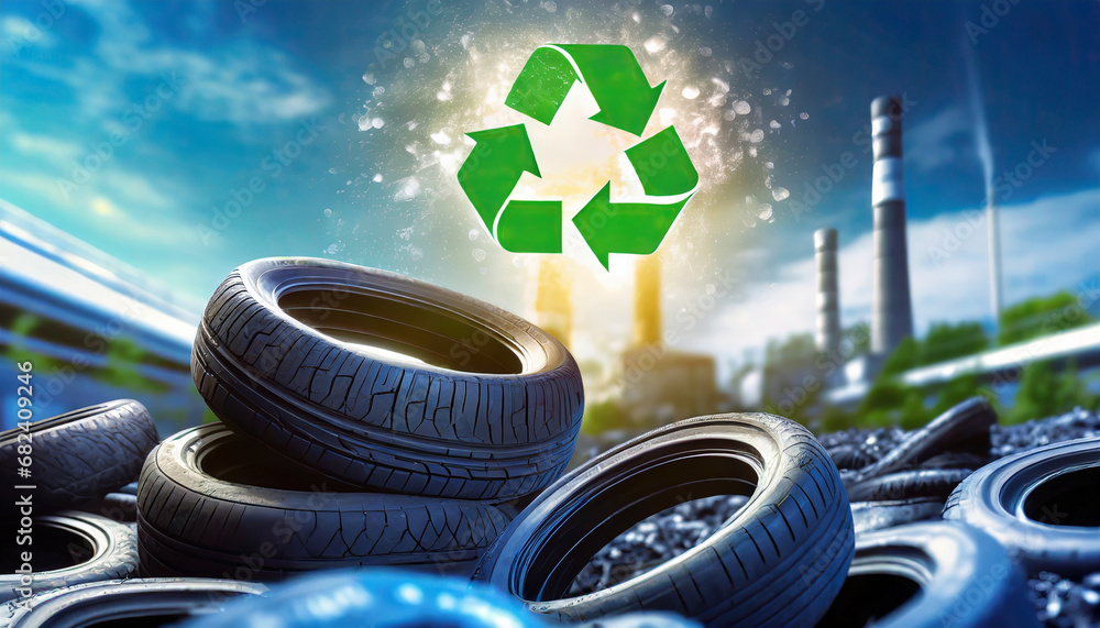 Used tires in storage, ready for reuse and recycling. Featuring the recycling symbol and a