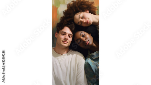 Portrait of 3 multiethnic people smiling close-up. Gay white man, African American woman and red haired European woman.