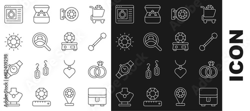 Set line Jewelry box, Wedding rings, Piercing, store, Diamond engagement, online shopping and Gem stone icon. Vector