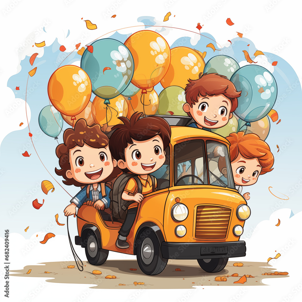 Fototapeta premium Free vector school bus with kid's white background