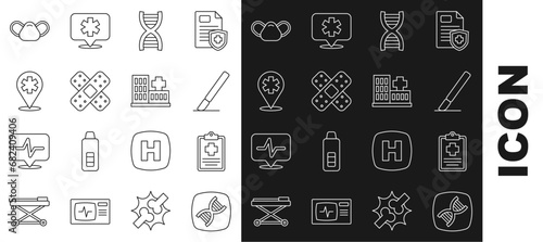Set line DNA symbol, Patient record, Surgery scalpel, Crossed bandage plaster, Location hospital, Medical protective mask and Hospital building icon. Vector