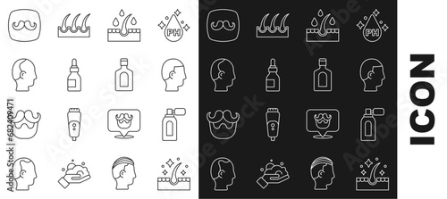 Set line Oil for hair care treatment, Aftershave with atomizer, Hairstyle, bottle, Baldness, Barbershop and Bottle of shampoo icon. Vector