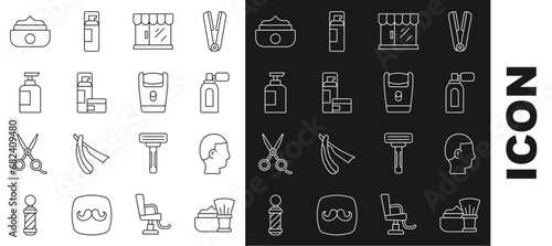 Set line Shaving brush with foam, Hairstyle for men, Aftershave atomizer, Barbershop building, gel, Bottle of shampoo, Gel wax hair styling and Electric razor blade icon. Vector