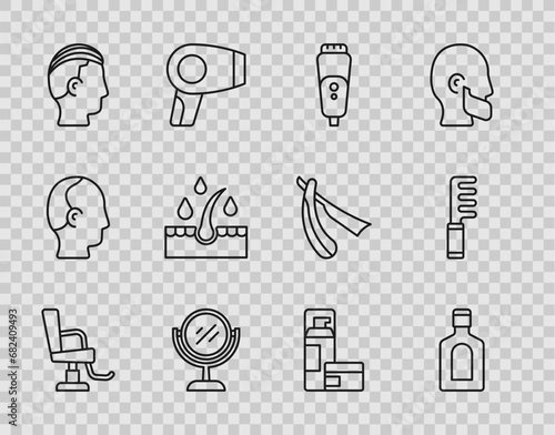Set line Barbershop chair, Bottle of shampoo, Electric razor blade, Hand mirror, Hairstyle for men, Oil care treatment, Shaving gel foam and Hairbrush icon. Vector
