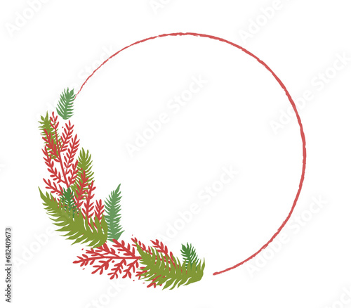 Corona navideña de ramas con colores navideños. Marco redondo botánico. Ilustración vectorial de corona de naturaleza navideña, con espacio para texto y fondo blanco. Ramitas verdes y rojas