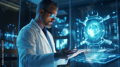 Doctor utilizing advanced medical scanners to diagnose patients in a futuristic healthcare setting with holographic data displays and cutting-edge diagnostics equipment.