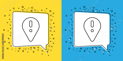 Set line Map pointer with exclamation mark icon isolated on yellow and blue background. Hazard warning sign, careful, attention, danger warning important sign. Vector