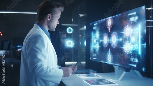 Doctor utilizing advanced medical scanners to diagnose patients in a futuristic healthcare setting with holographic data displays and cutting-edge diagnostics equipment.