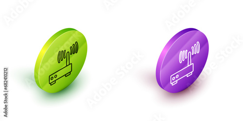 Isometric line Router and wi-fi signal icon isolated on white background. Wireless ethernet modem router. Computer technology internet. Green and purple circle buttons. Vector