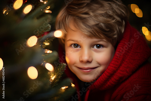 Lovely child waiting santa claus late evening happy childhood Generative AI