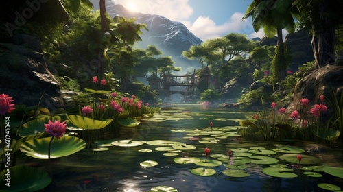 an AI visual of a tropical valley with a serene pond filled with enchanting water lilies