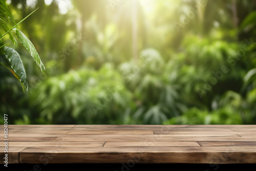 blank Wooden counter table in front of greenery plant forest background,organic product mockup