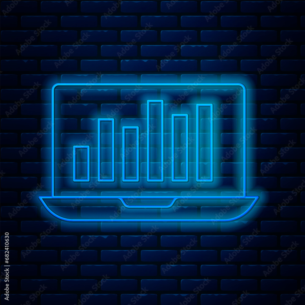 Glowing neon line Laptop with graph chart icon isolated on brick wall background. Report text file icon. Accounting sign. Audit, analysis, planning. Vector Glowing neon line Laptop with graph chart icon isolated on brick wall background. Report text file icon. Accounting sign. Audit, analysis, planning. Vector